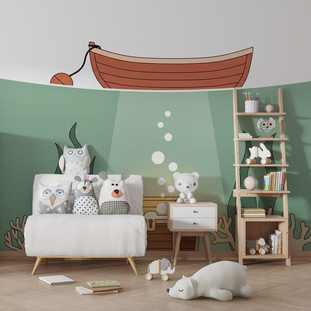 Coral and treasure hunt wallpaper transforming kids playroom into underwater world by Kids-Mundo