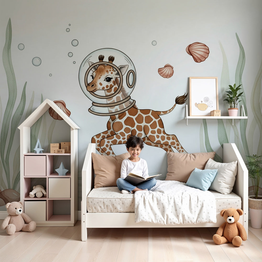 Underwater astronaut giraffe mural wallpaper in modern nursery with ocean-themed decor by Kids-Mundo