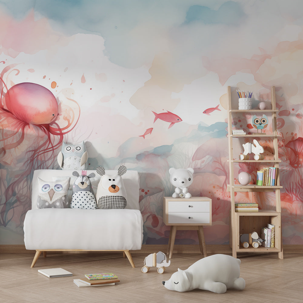 Soft aquatic mural wallpaper creating peaceful underwater nursery decor atmosphere
