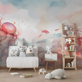 Soft aquatic mural wallpaper creating peaceful underwater nursery decor atmosphere