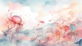 Detailed underwater watercolor mural wallpaper design pattern with soft aquatic elements