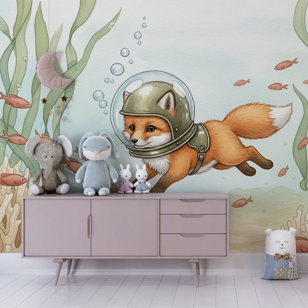 Ocean explorer fox wallpaper creating magical underwater atmosphere in children's bedroom