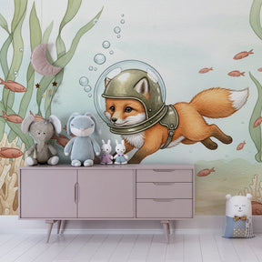 Ocean explorer fox wallpaper creating magical underwater atmosphere in children's bedroom
