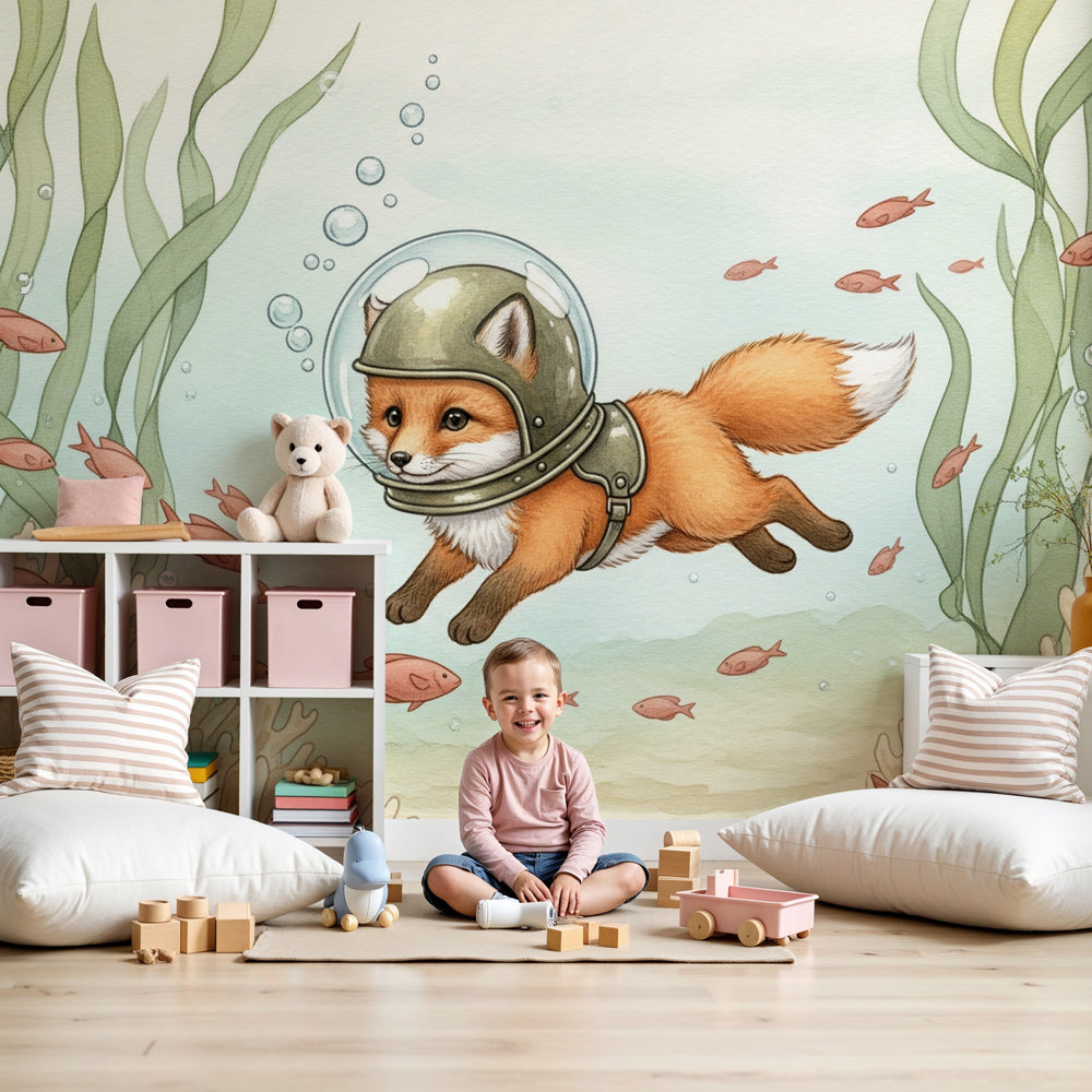 Underwater fox mural wallpaper in modern nursery with ocean adventure theme by Kids-Mundo
