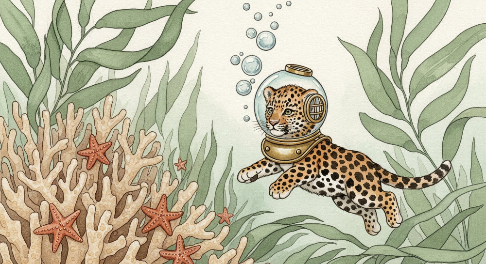 Detailed underwater leopard diving adventure mural wallpaper design pattern by Kids-Mundo