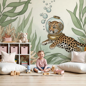 Underwater leopard diving adventure mural wallpaper in modern nursery room by Kids-Mundo