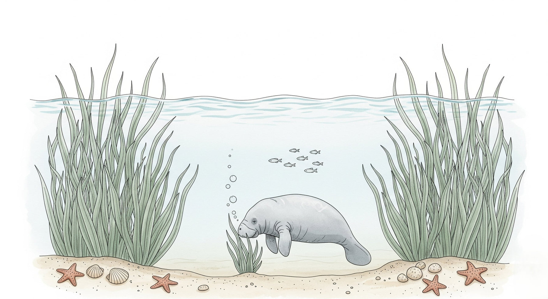 Detailed underwater manatee mural wallpaper design pattern with seagrass and marine life by Kids-Mundo