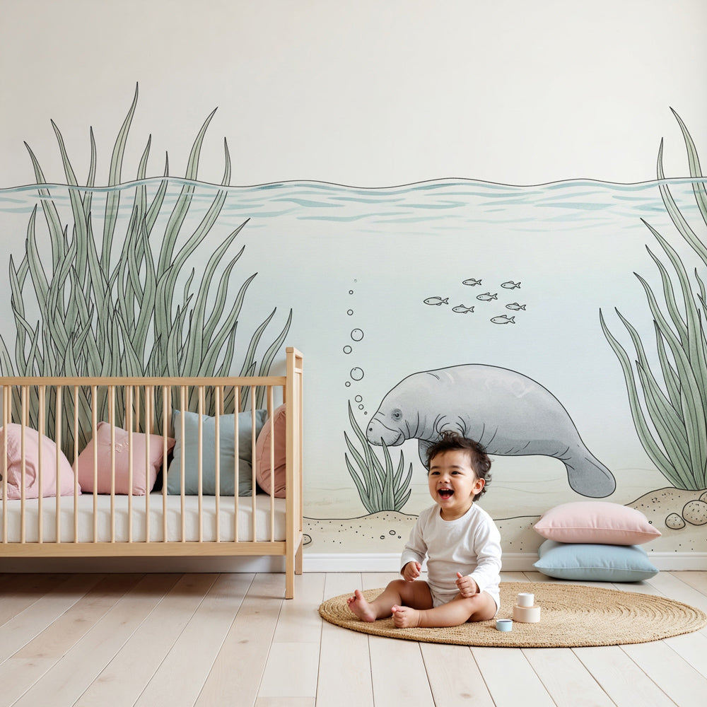 Underwater manatee mural wallpaper creating serene ocean-themed nursery decor by Kids-Mundo