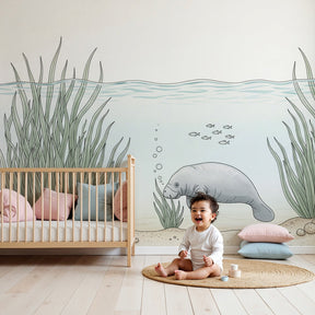 Underwater manatee mural wallpaper creating serene ocean-themed nursery decor by Kids-Mundo