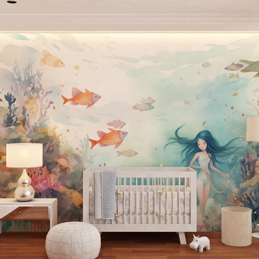 Fairy tale mermaid wallpaper creating magical underwater atmosphere in kids bedroom decor