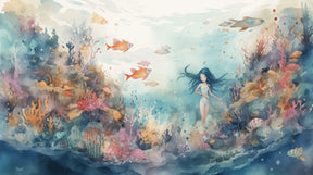 Detailed underwater mermaid and coral reef mural wallpaper design pattern by Kids-Mundo