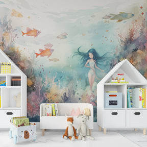 Ocean themed mermaid mural wallpaper transforming children's playroom into underwater kingdom