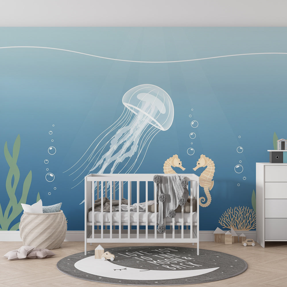 Underwater seahorse and jellyfish wallpaper creating calming baby bedroom decor atmosphere