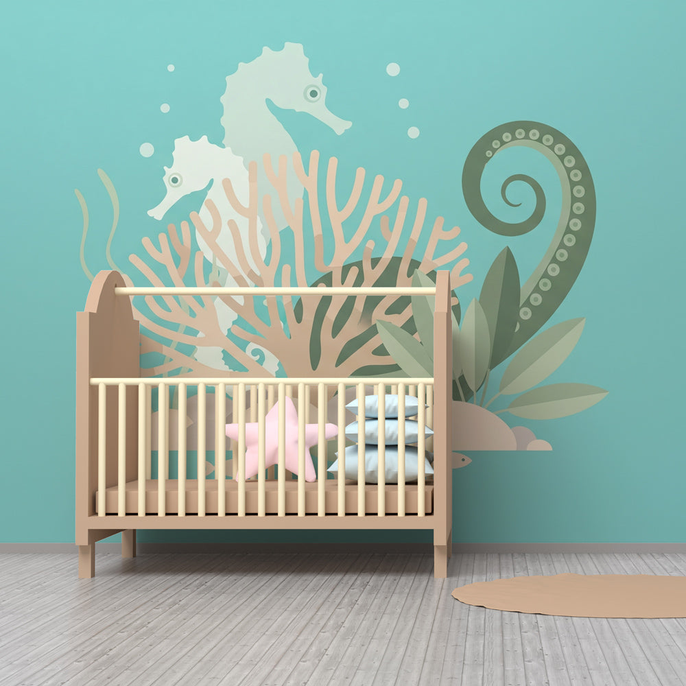 Ocean themed mural wallpaper with coral and fish for kids bedroom by Kids-Mundo