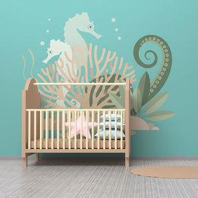 Ocean themed mural wallpaper with coral and fish for kids bedroom by Kids-Mundo