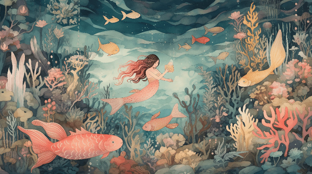 Detailed underwater mural wallpaper design pattern showing mermaids and colorful coral reef by Kids-Mundo