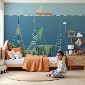 Underwater shipwreck mural wallpaper in modern nursery creating ocean adventure theme by Kids-Mundo