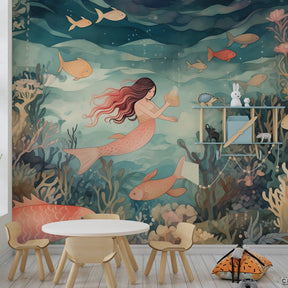 Ocean themed mural wallpaper creating enchanting underwater world in kids playroom by Kids-Mundo