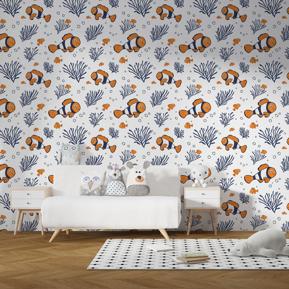 Marine life mural wallpaper featuring clownfish and coral reef in kids playroom decor
