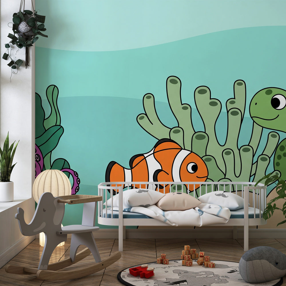 Submarine adventure wallpaper transforming kids playroom into underwater world by Kids-Mundo