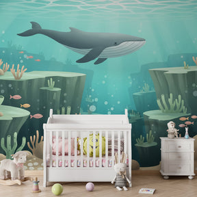 Ocean themed mural wallpaper with marine life decorating children's playroom space