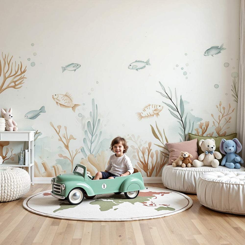 Underwater reef mural wallpaper with pastel corals in modern baby nursery by Kids-Mundo