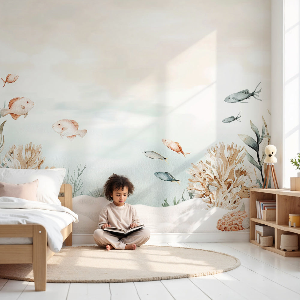 Underwater reef mural wallpaper with pastel fish in modern nursery by Kids-Mundo
