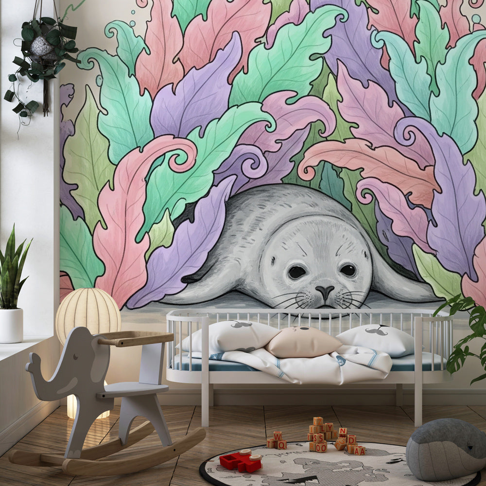 Ocean themed seal wallpaper creating peaceful underwater atmosphere in kids bedroom