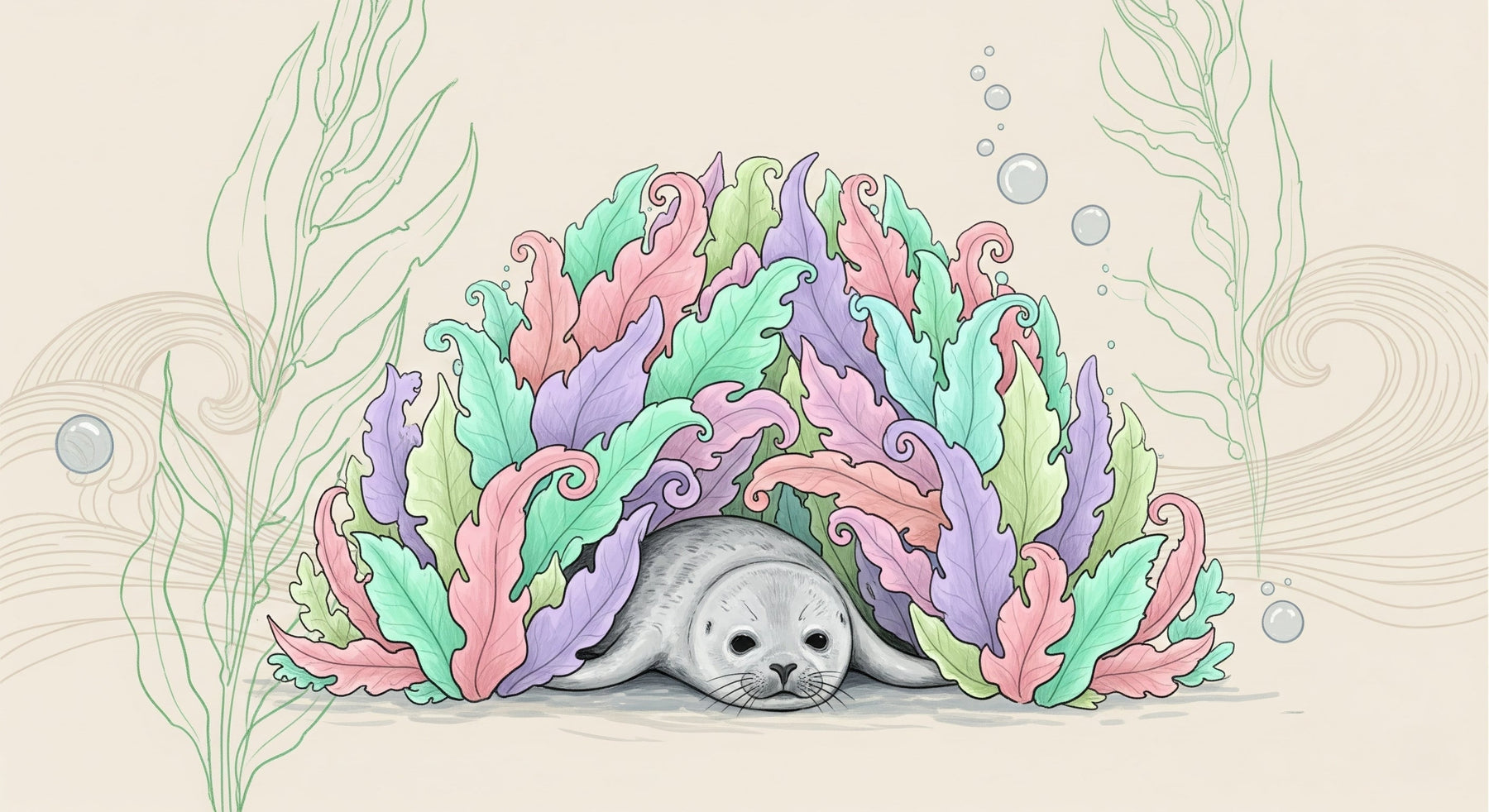 Detailed underwater seal and colorful seaweed mural wallpaper design pattern by Kids-Mundo