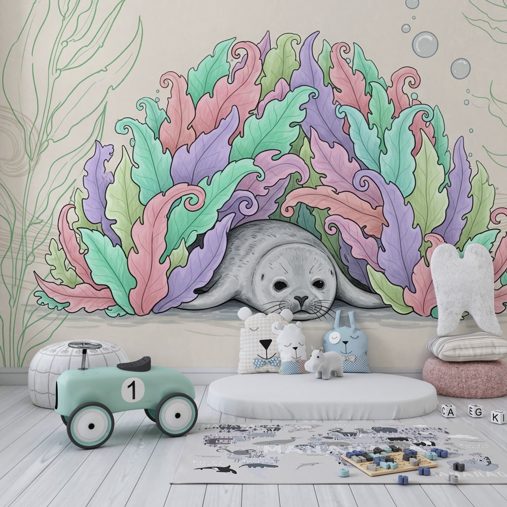 Marine life mural wallpaper featuring adorable seal among pastel seaweed for children