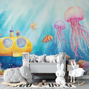 Ocean adventure mural wallpaper featuring submarine and jellyfish in children's bedroom decor