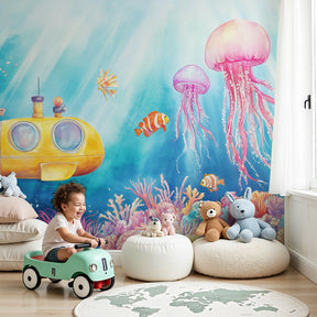 Yellow submarine underwater mural wallpaper in modern nursery with coral reef design by Kids-Mundo