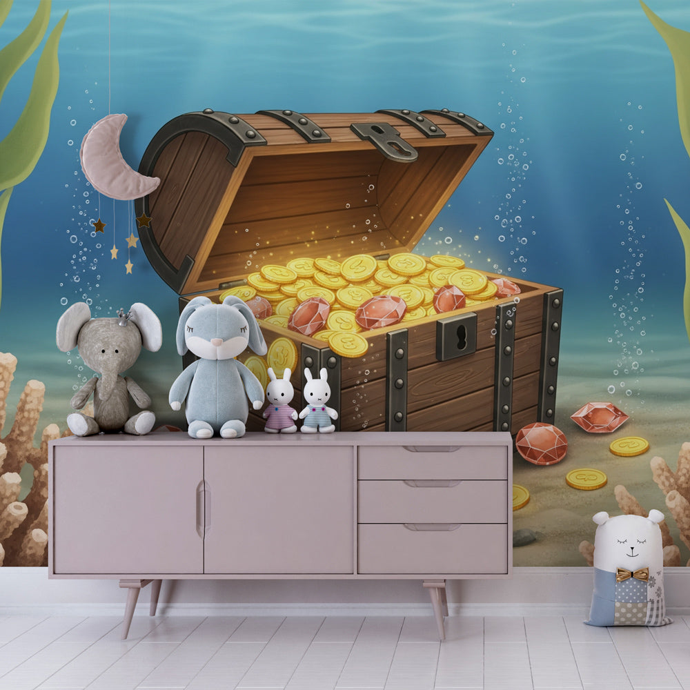 Pirate treasure mural wallpaper transforming children's bedroom into underwater adventure space