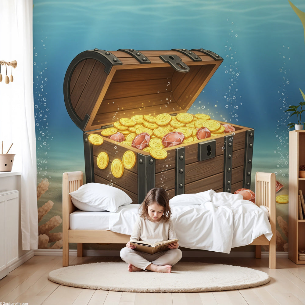 Underwater treasure mural wallpaper in modern kids bedroom with ocean adventure theme by Kids-Mundo
