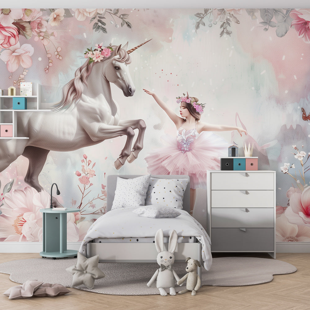 Kids-Mundo unicorn and ballerina wall mural in a dreamy pink kids' bedroom
