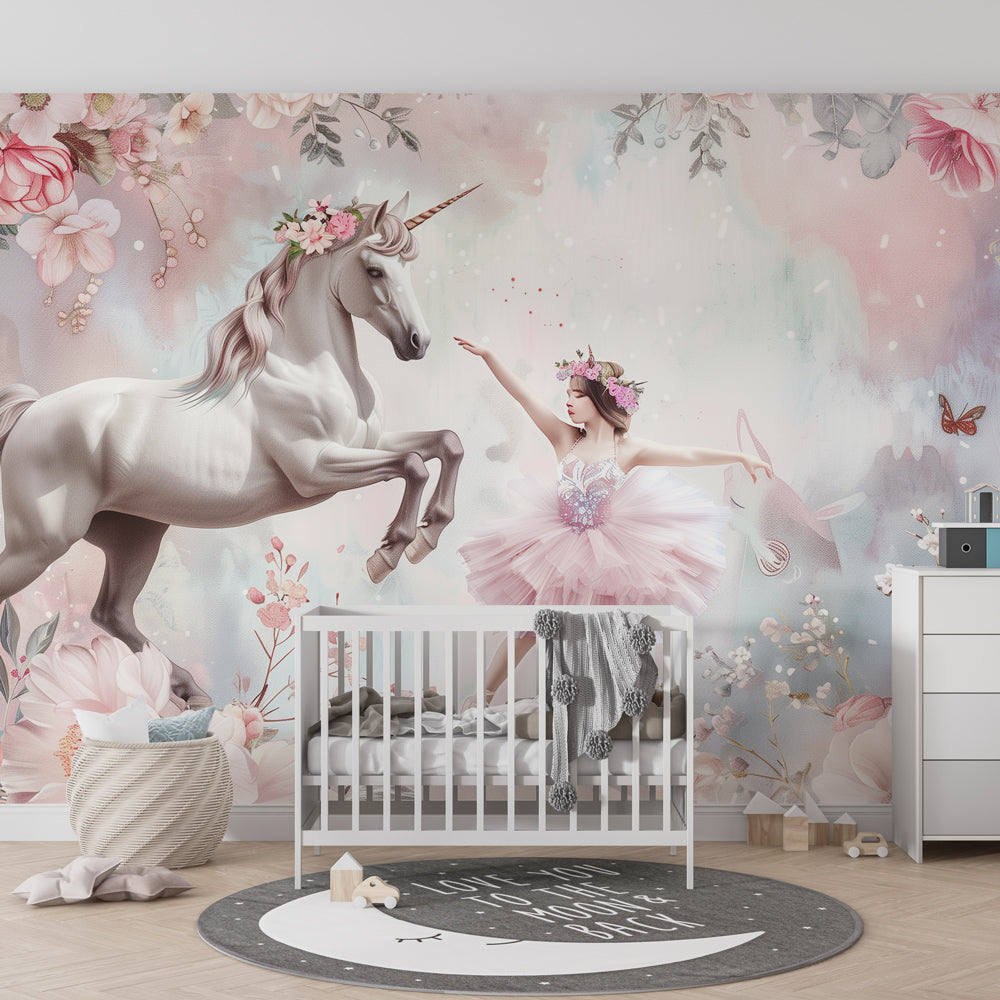 Kids-Mundo floral unicorn and ballerina mural brightening a children's playroom