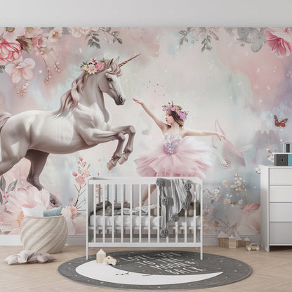 Kids-Mundo floral unicorn and ballerina mural brightening a children's playroom