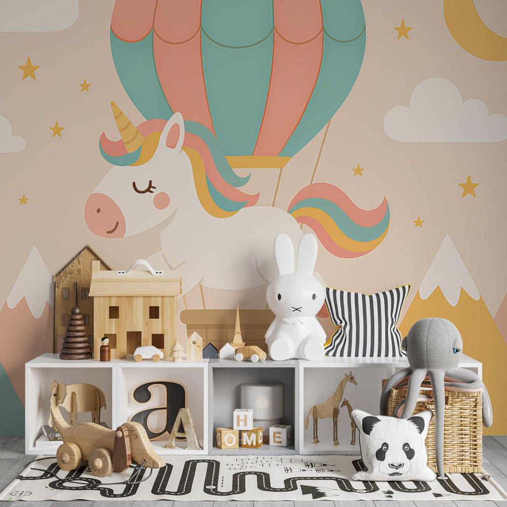 Fantasy unicorn wallpaper transforming kids bedroom with hot air balloons and starry sky design