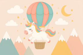 Detailed unicorn balloon mural wallpaper design pattern with stars, clouds and mountains by Kids-Mundo