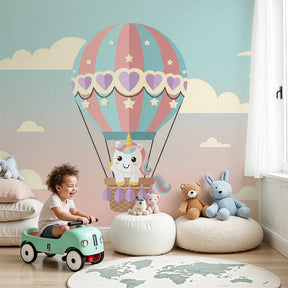 Magical unicorn balloon mural wallpaper creating dreamy nursery atmosphere by Kids-Mundo