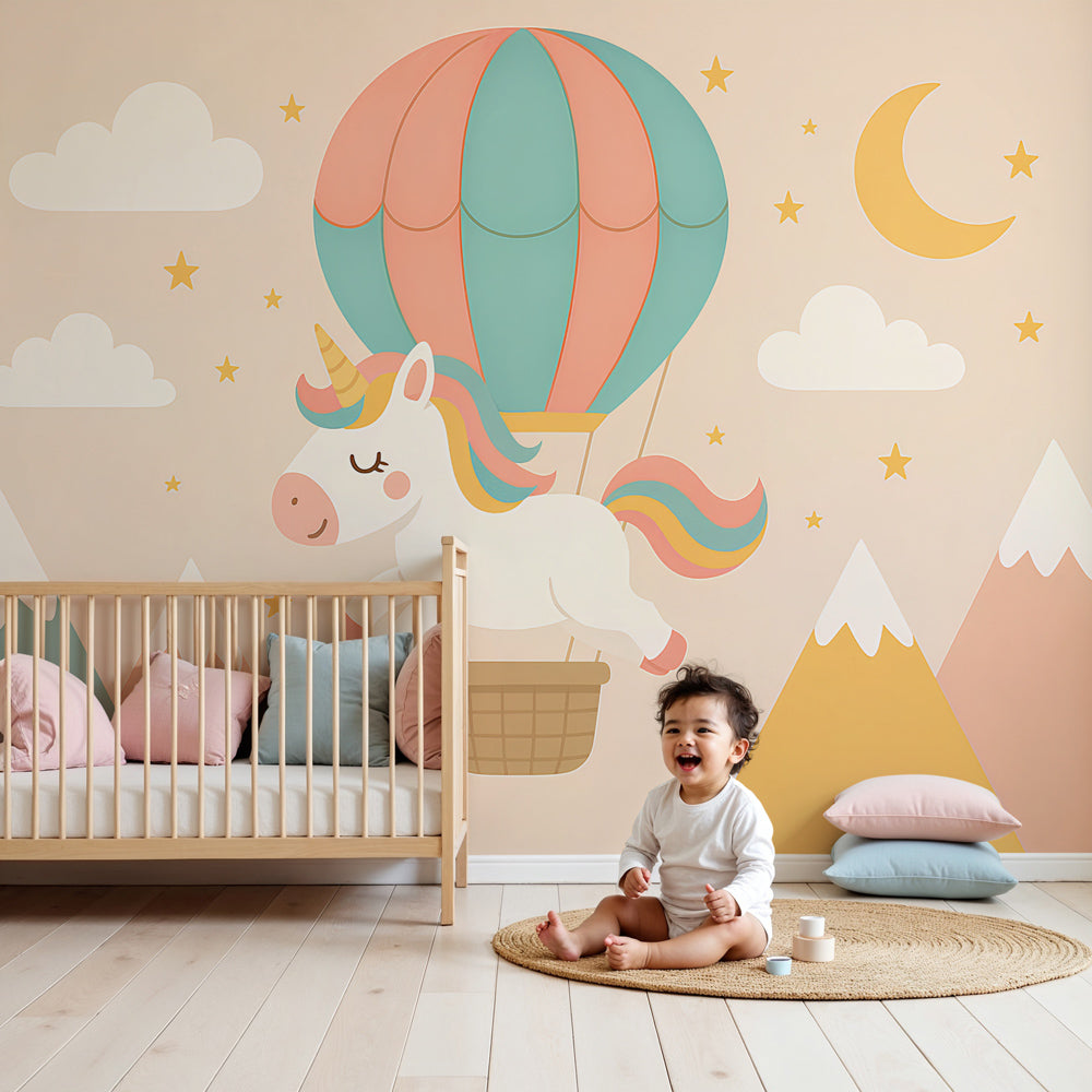 Unicorn balloon mural wallpaper creating magical nursery decor with dreamy sky theme by Kids-Mundo