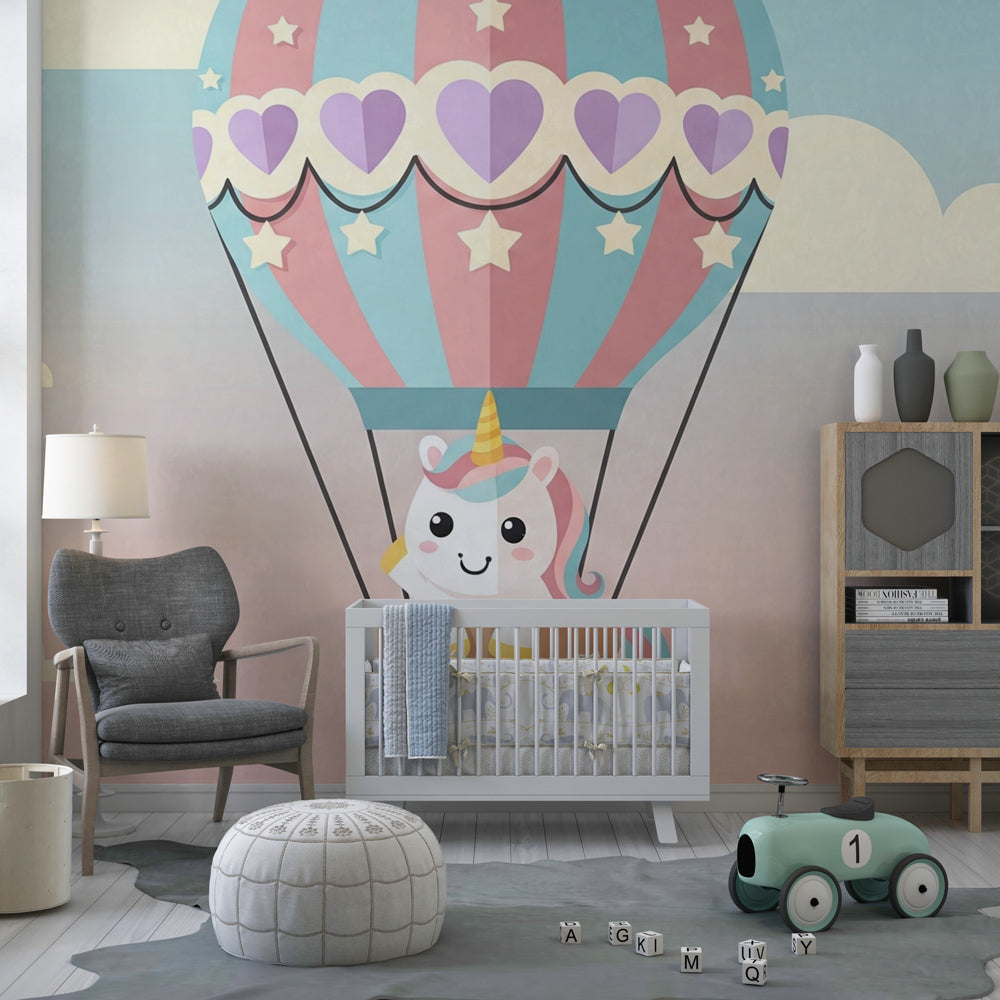 Whimsical unicorn hot air balloon wallpaper for enchanting kids playroom by Kids-Mundo