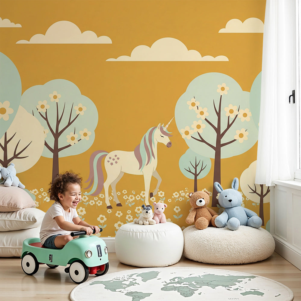 Kids-Mundo unicorn wall mural in a nursery, showing a unicorn among mint blossom trees and daisies