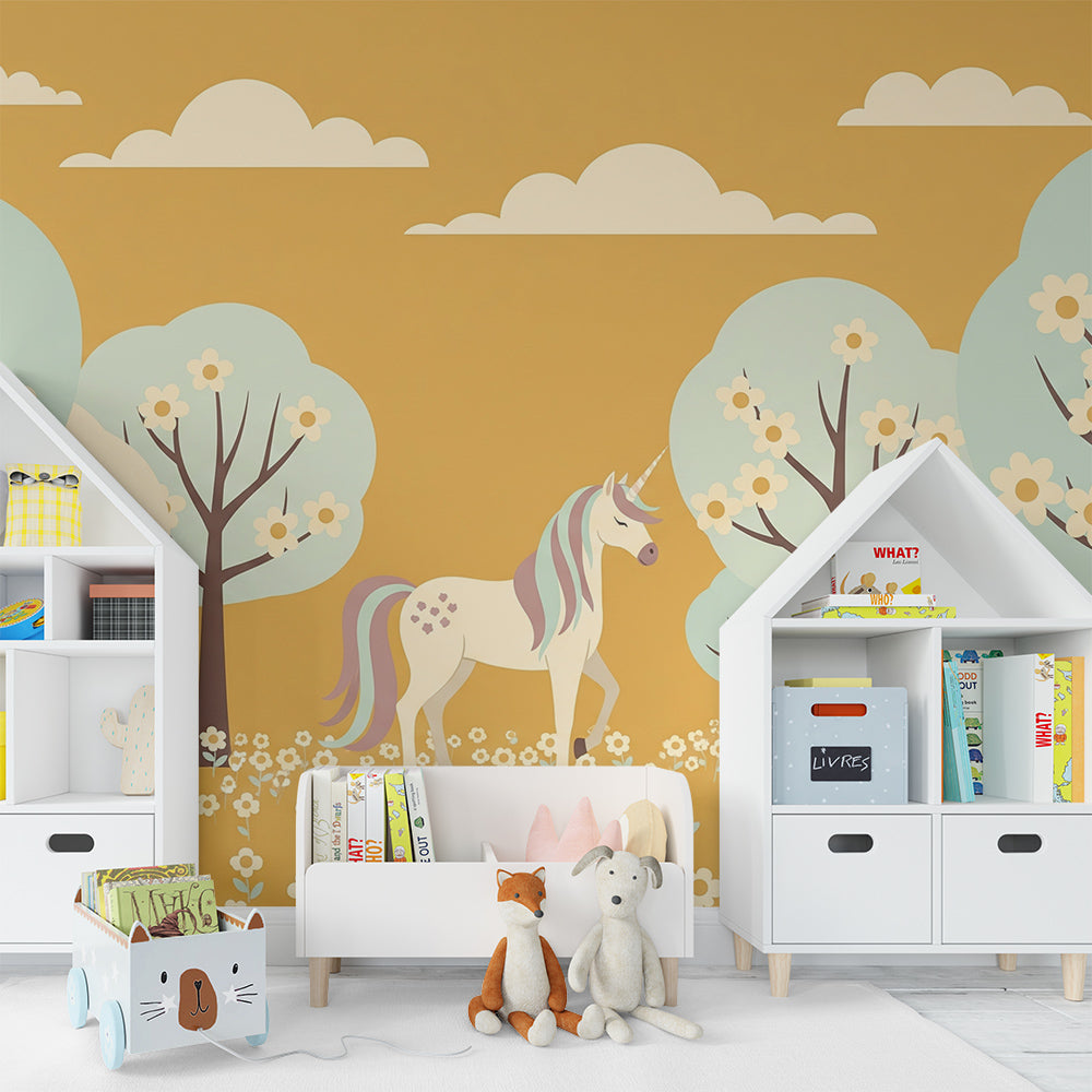 Kids-Mundo unicorn wallpaper mural brightening a playroom with mint trees and a golden sky