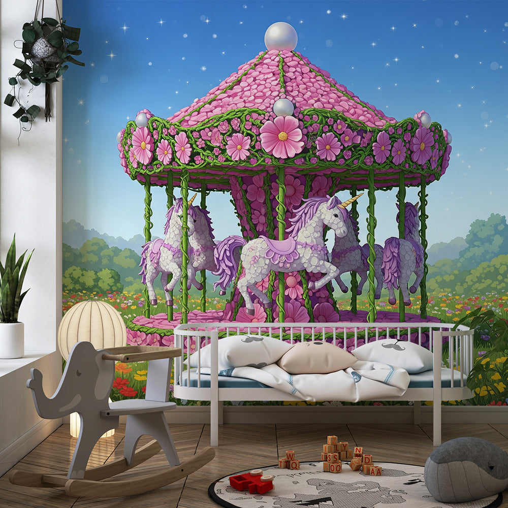 Kids-Mundo floral carousel unicorn mural covering a feature wall in a child's bedroom