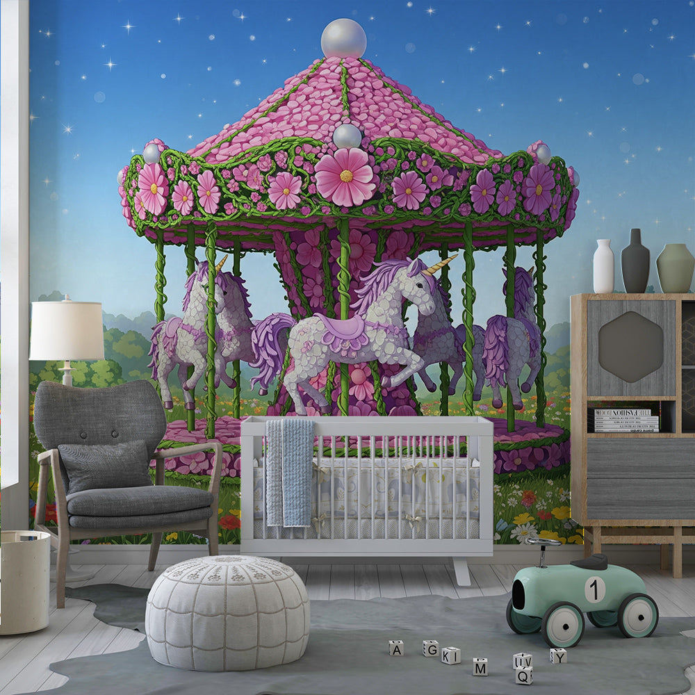 Kids-Mundo unicorn carousel meadow mural bringing colour to a children's playroom wall