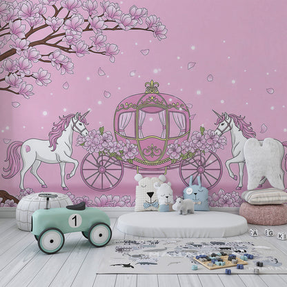 Kids-Mundo unicorn carriage wall mural on a feature wall in a girl's kids bedroom.