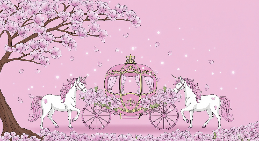 Kids-Mundo flat artwork preview of the pink unicorn carriage blossom wall mural design.