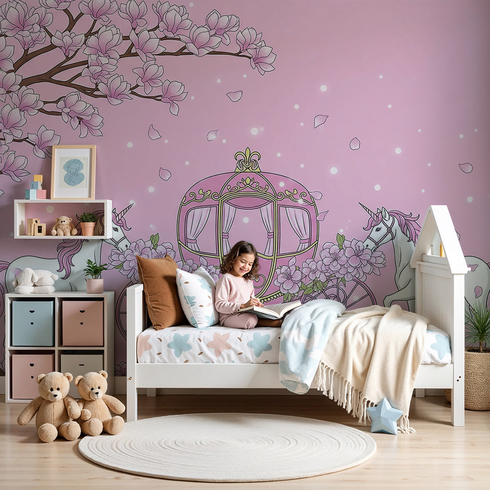 Kids-Mundo pink unicorn carriage wall mural styled behind a cot in a soft nursery.