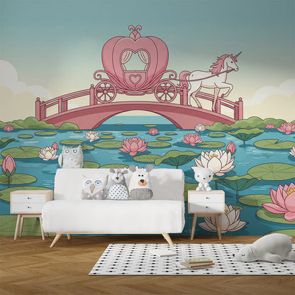 Kids-Mundo heart carriage and unicorn mural covering a feature wall in a girl's bedroom
